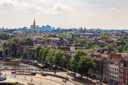 AMSTERDAM, THE NETHERLANDS - JUNE 16, 2016: Panoramic aerial view of Amsterdam in a beautiful summer day, The Netherlandsのeditorial素材