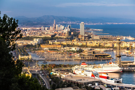BARCELONA, SPAIN - JUNE 11, 2014: Panoramic view of Barcelona and port in Spain
