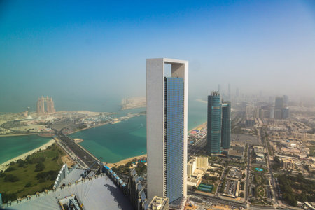 ABU DHABI, UNITED ARAB EMIRATES - JANUARY 31, 2020: Panoramic aerial view of Abu Dhabi skyscrapers...
