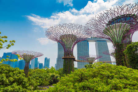 SINGAPORE - JUNE 23, 2019: The Supertree Grove and Skyway at Gardens by the Bay and Marina Bay Sands hotel  in Singapore at summer dayのeditorial素材