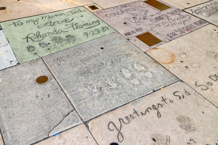 LOS ANGELES, HOLLYWOOD, USA - MARCH 29, 2020: Celebrity footprints near Chinese Theatre in...