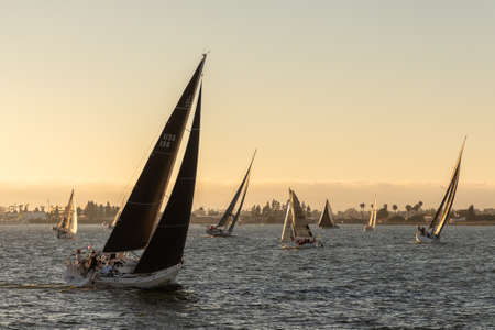 SAN DIEGO, USA - MARCH 29, 2020: Many sail boats sailing in the bay in San Diego at sunset, California, USAのeditorial素材
