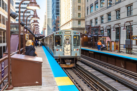 CHICAGO, USA - MARCH 29, 2020: Train subway in a sunny day in Chicago, Illinois, USA