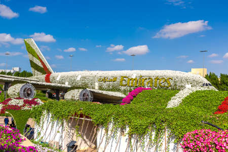 DUBAI, UNITED ARAB EMIRATES - JANUARY 31, 2020: Emirates Airbus A380 made of flowers at  the Dubai miracle garden in a sunny day , United Arab Emiratesのeditorial素材