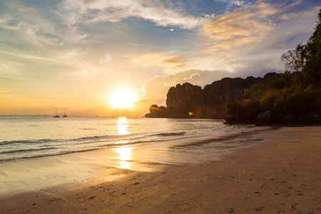 Sunset at Tropical Railay Beach in Krabi, Ao Nang, Thailandの写真素材