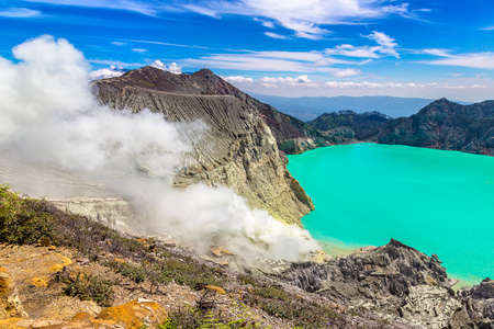 Panoramic aerial view crater of active volcano Ijen, Java island, Indonesiaの写真素材