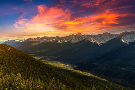 Panoramic aerial view of  Bow Valley in Banff national park at sunset, Canadian Rockies