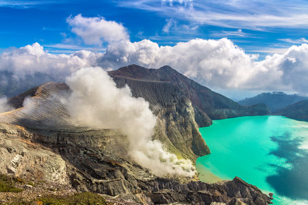Panoramic aerial view crater of active volcano Ijen, Java island, Indonesiaの写真素材