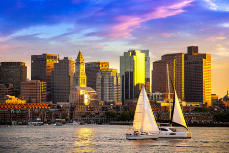 Panoramic view of Boston cityscape at sunset, USAの写真素材