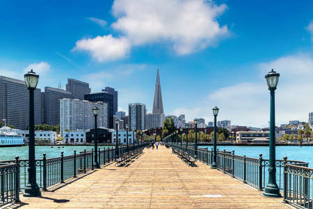 Pier 7 and Panoramic view of cityscape San Francisco, California, USAの写真素材