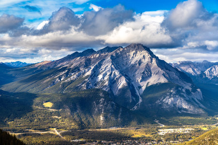 Panoramic aerial view of  Bow Valley in Banff national park, Canadian Rockiesの写真素材