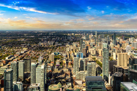 Panoramic aerial view of Toronto at sunset, Ontario, Canadaの写真素材