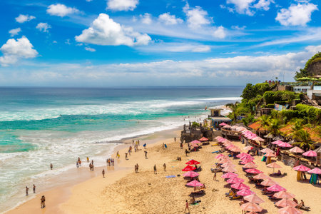 BALI, INDONESIA - FEBRUARY 28, 2020: Panoramic view of Dreamland beach on Bali in a sunny day, Indonesiaのeditorial素材
