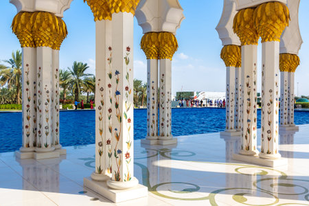 ABU DHABI, UNITED ARAB EMIRATES - JANUARY 31, 2019:  Sheikh Zayed Grand Mosque in Abu Dhabi in a...