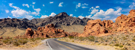 Panorama of  Road at Valley of Fire State Park in a sunny day, Nevada, USAの写真素材