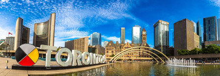 TORONTO, CANADA - APRIL 2, 2020: Toronto sign, Old City Hall and Modern new city hall at Nathan...