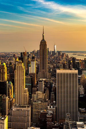 NEW YORK CITY, USA - MARCH 15, 2020: Panoramic aerial view of Manhattan at sunset in New York City, NY, USAのeditorial素材
