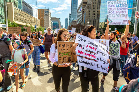 TORONTO, CANADA - SEPTEMBER 27, 2019: Global Strike for Climate and march for climate justice in Toronto, Ontario, Canadaのeditorial素材