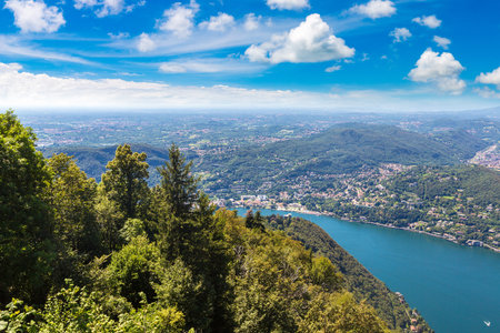 Panoramic aerial view of lake Como in Italy in a beautiful summer dayの写真素材