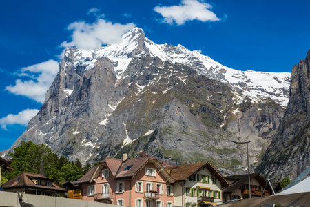 Mountain near Gimmelwald & Murren villages near Lauterbrunnen valley in a beautiful summer day, Switzerlandの写真素材