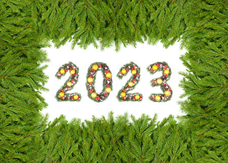 Christmas tree framework and 2023 number made by christmas tree branches isolated on white...
