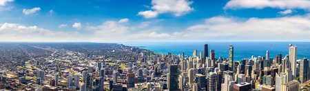 Panorama of  aerial cityscape of Chicago and Lake Michigan in a sunny day, Illinois, USAの写真素材