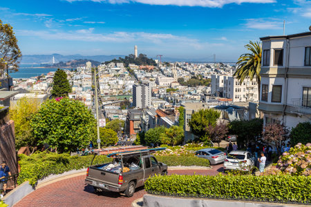 SAN FRANCISCO, USA - MARCH 29, 2020: Lombard Street and Coit Tower in San Francisco, California, USA