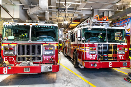 NEW YORK CITY, USA - MARCH 15, 2020: Fire truck parked in the fire station in Manhattan in New York City, USAのeditorial素材