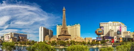 LAS VEGAS, USA - MARCH 29, 2020: Panorama of  Paris Las Vegas hotel and casino in Las Vegas, Nevada,...