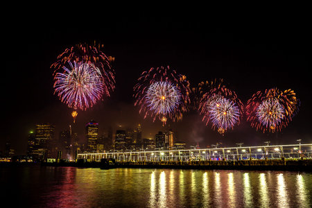 Fireworks over New York city skyline, USA