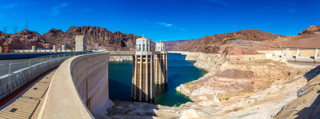 Panorama of Hoover Dam and penstock towers in Colorado river at Nevada and Arizona border, USAのeditorial素材
