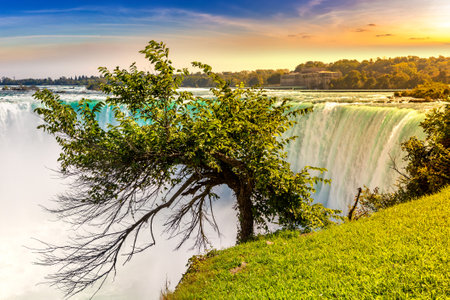 Canadian side view of Niagara Falls, Horseshoe Falls in a sunny day  in Niagara Falls, Ontario, Canadaの写真素材