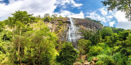 Panorama of  Diyaluma waterfall in a sunny day in Sri Lankaの写真素材