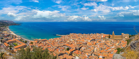Aerial view of Cefalu and cathedral in Sicily, Italy in a beautiful summer dayの写真素材