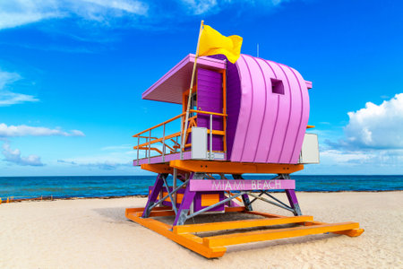 Lifeguard tower in South beach, Miami Beach in a sunny day, Floridaのeditorial素材