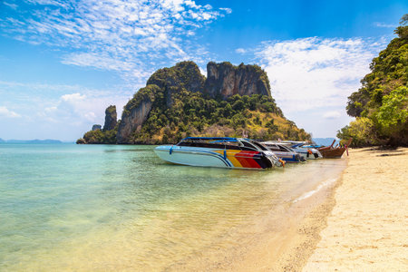Speedboat at Tropical beach at Koh Phak Bia island in Krabi Province, Thailandのeditorial素材