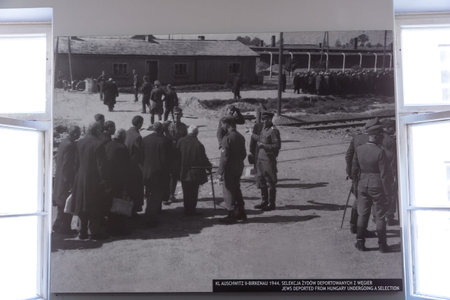 OSWIECIM, POLAND - SEPTEMBER 7, 2022: Photo Exhibition in Auschwitz concentration camp in a sunny...