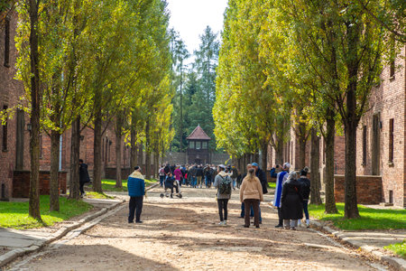 OSWIECIM, POLAND - SEPTEMBER 7, 2022: Group of tourist in Auschwitz Birkenau concentration camp in a sunny day, Oswiecim, Polandのeditorial素材