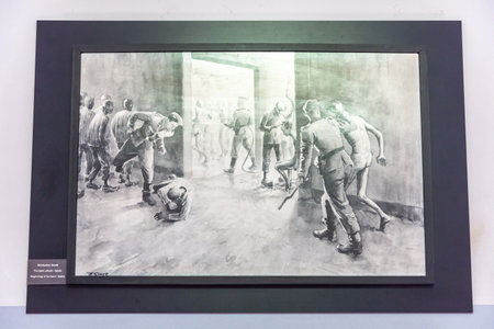 OSWIECIM, POLAND - SEPTEMBER 7, 2022: Photo Exhibition in Auschwitz concentration camp in a sunny day, Oswiecim, Polandのeditorial素材