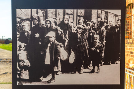 OSWIECIM, POLAND - SEPTEMBER 7, 2022: Photo Exhibition in Auschwitz II concentration camp in a sunny day, Oswiecim, Polandのeditorial素材