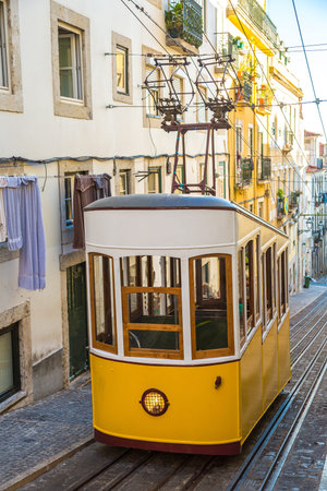 The Gloria Funicular in the city center of Lisbon in a beautiful summer day, Portugalのeditorial素材