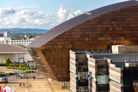 CARDIFF, THE UNITED KINGDOM - JUNE 27, 2022: Panoramic aerial view of Wales Millennium Centre in Cardiff in a summer day, Wales, UKのeditorial素材