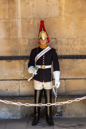LONDON, UK - JUNE 17, 2022: Royal Horse Guards at The Household Cavalry Museum in London in a sunny...