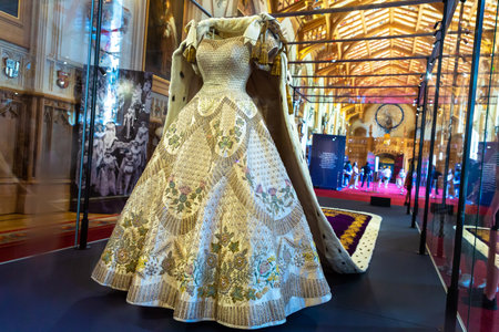 WINDSOR, UK - JUNE 19, 2022: Historical Coronation dress gown of Elizabeth II in Royal Windsor Castle in Windsor, UKのeditorial素材
