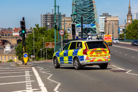 NEWCASTLE UPON TYNE, UK - JUNE 28, 2022: British police car in Newcastle upon Tyne in a summer sunny day, UKのeditorial素材