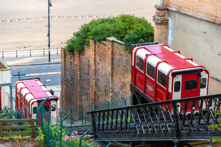 SCARBOROUGH, UK - JULY 27, 2022: Retro historic tramway - funicular in Scarborough, Yorkshire in a...