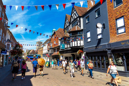 SALISBURY, UK - JUNE 17, 2022: Old fachwerk Half-timbered house and typical street in Salisbury in a...