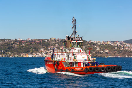 ISTANBUL, TURKEY - APRIL 10, 2022: Coastal Safety boat in Bosphorus in Istanbul, Turkeyのeditorial素材
