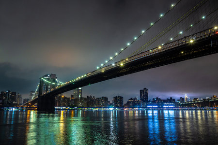Brooklyn Bridge and panoramic night view of downtown Manhattan after sunset in New York City, USA