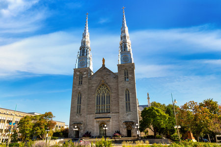 Notre-Dame Cathedral Basilica in Ottawa in a sunny day, Canadaの写真素材
